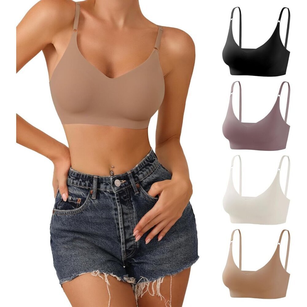 Seamless Padded Bra Women Nylon Spandex V-Neck Adjustable Straps Light Wear